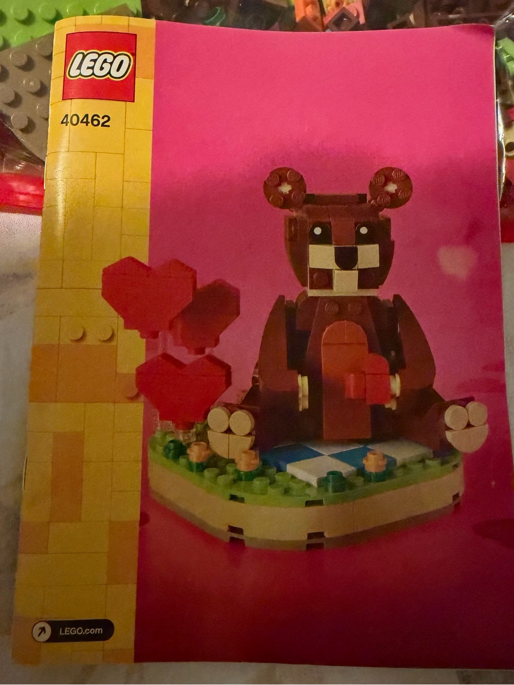 Lego Brown Bear with Red Hearts and Green Base